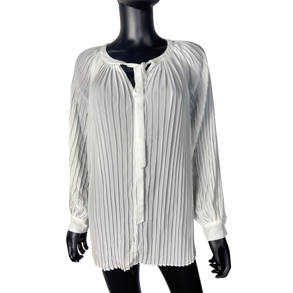 Midnight Velvet Tops - Midnight Velvet Ivory Pleated Tie Neck Long Sleeve Blouse Top Small